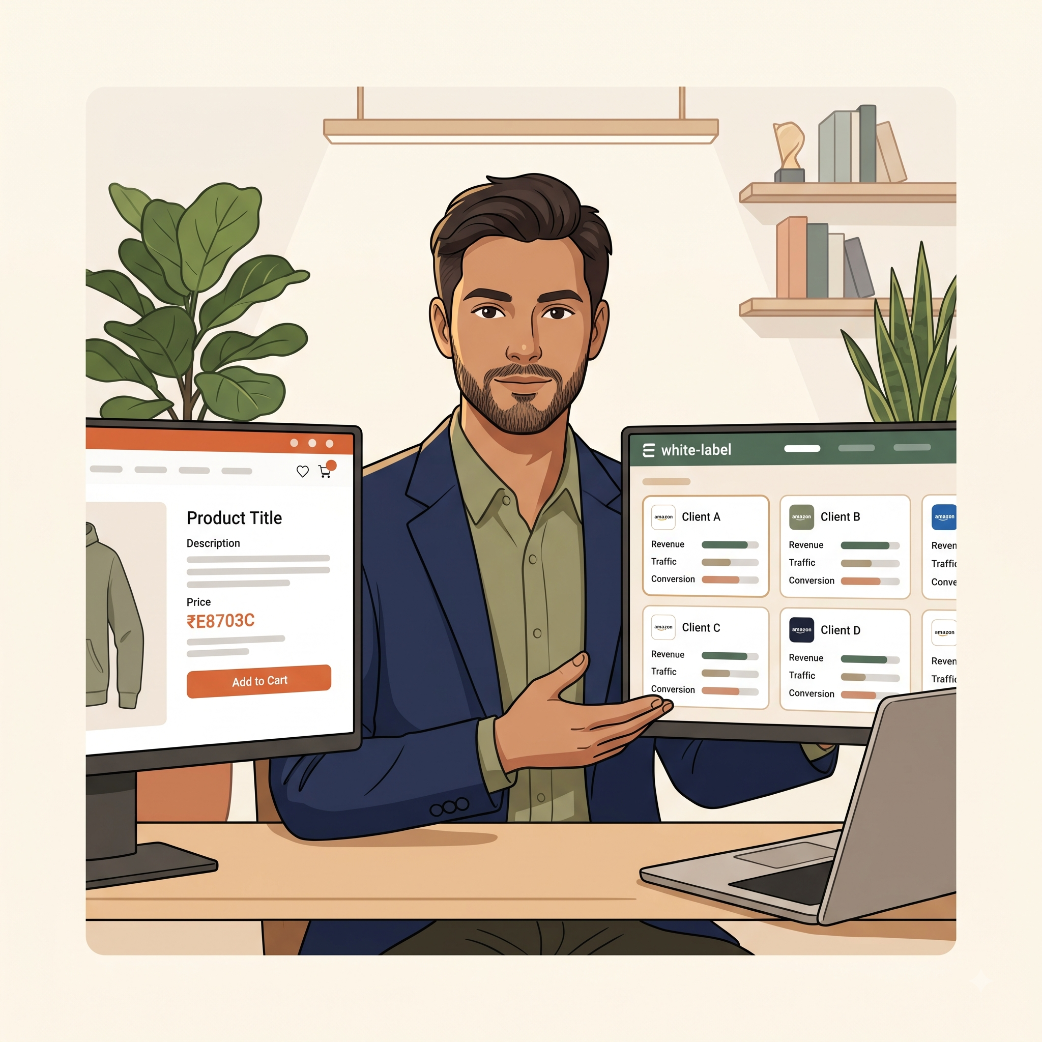 Agency professional managing white-label client dashboards on dual monitors