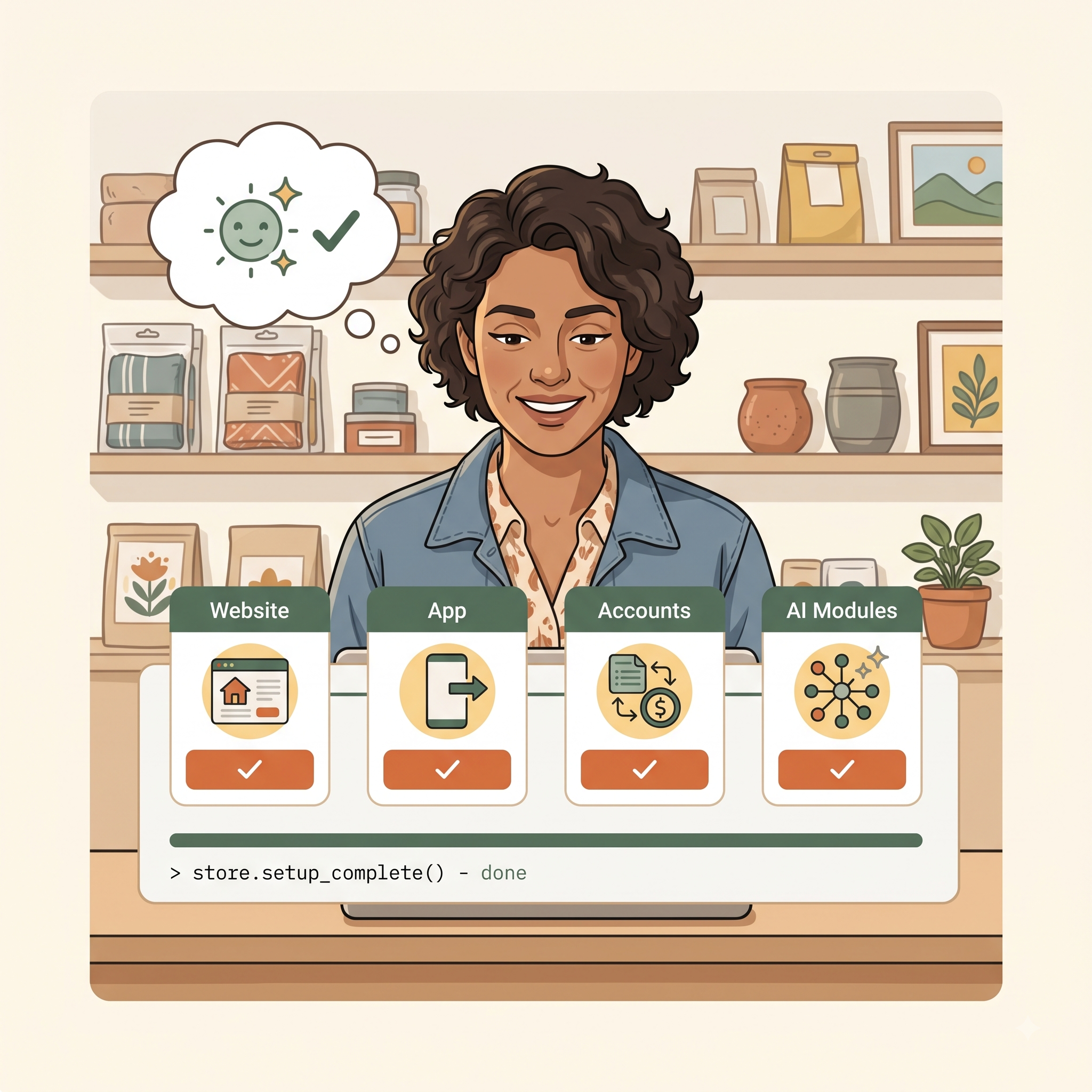 First-time online seller setting up website, app, accounts and AI in one flow