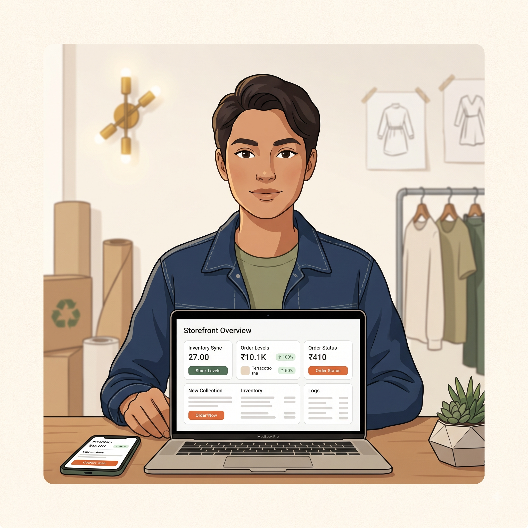 D2C fashion founder syncing storefront and inventory from a creative studio