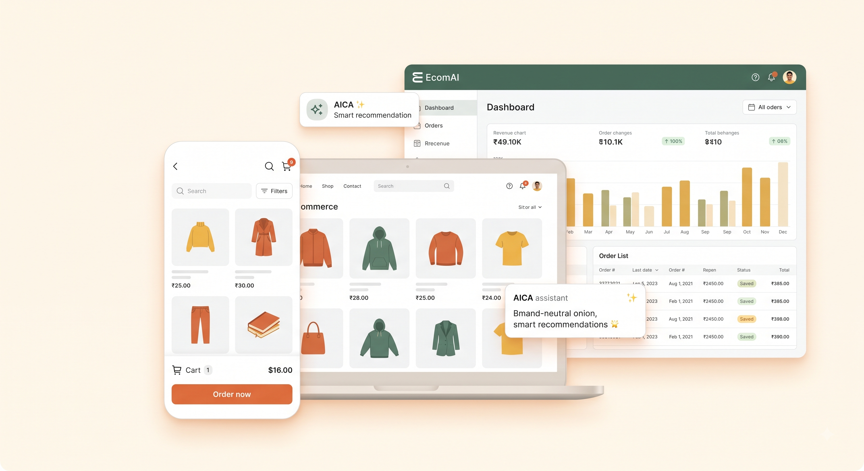EcomAI product showcase — storefront, mobile app, dashboard and AICA assistant