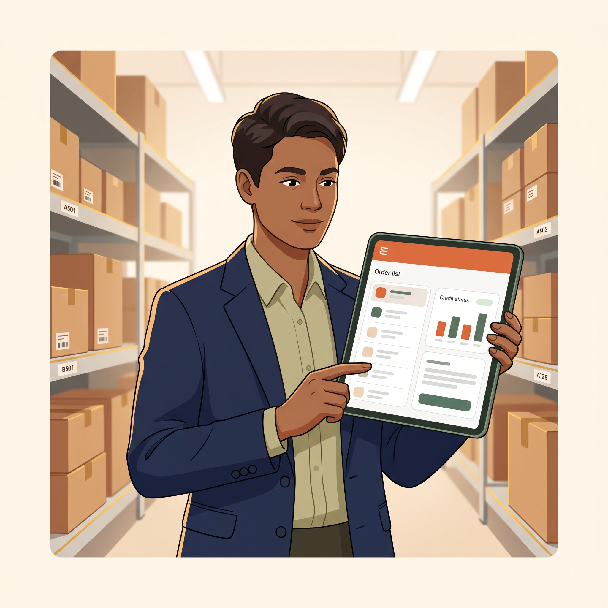B2B wholesaler managing orders and credit on a tablet in a warehouse